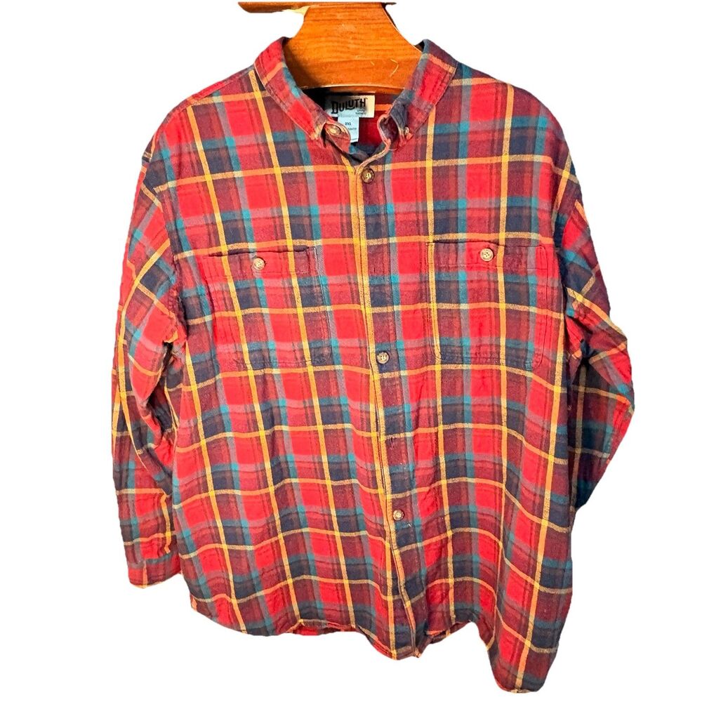 Duluth Trading Co 2XL Red Green and Orange plaid flannel shirt cotton Relaxed